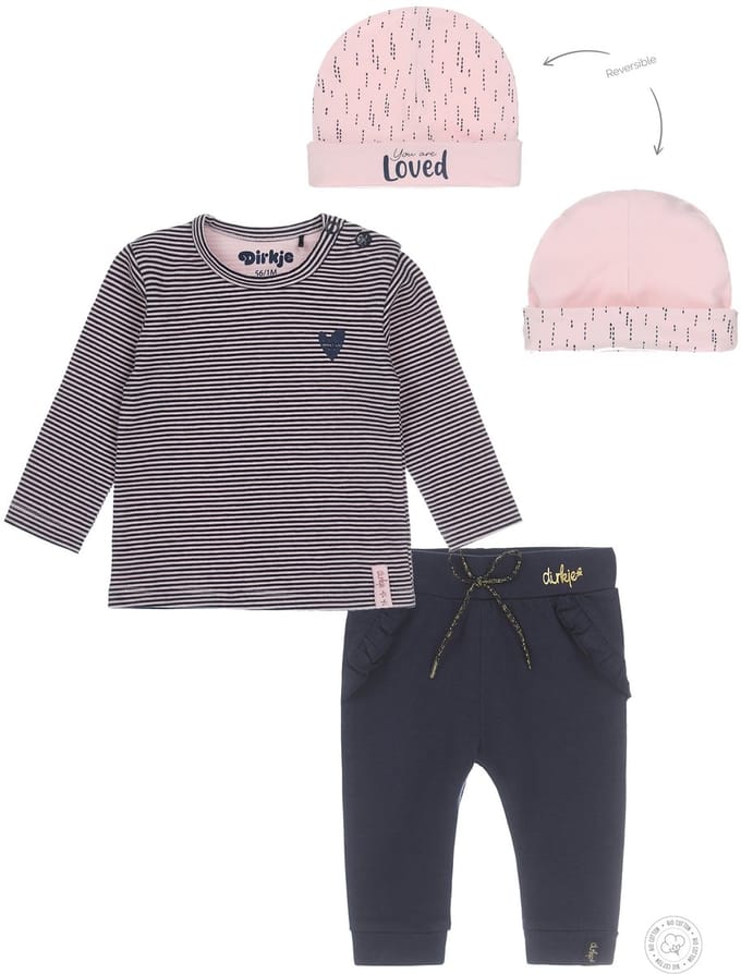 Dirkje Bio Basic SET(3delig) Blauwe broek, Shirt gestreept met Mutsje - Maat 56