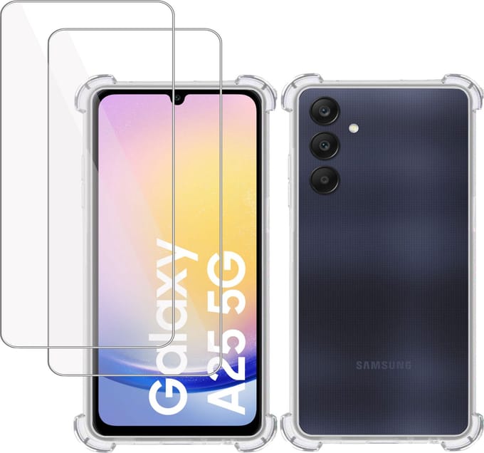 Hoesje + 2x Screenprotector geschikt voor Samsung Galaxy A25 – Tempered Glass - Extreme Shock Case Transparant