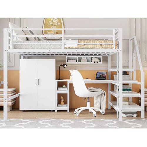ModernLuxe Hoogslaper van metaal 140x200 cm - met bureau, kledingkast en opbergladder - Wit
