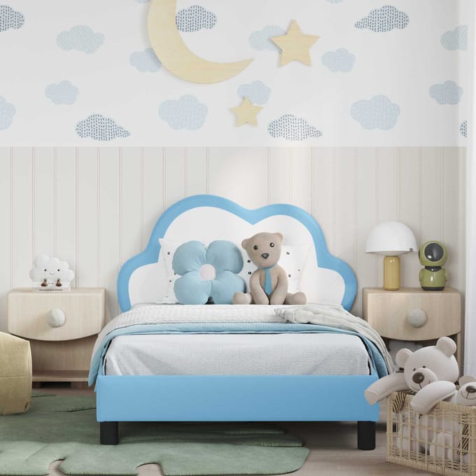 vidaXL - Kinderen - bedframe - met - hoofdboard - Blauw - 90 - x - 190 - cm - PU