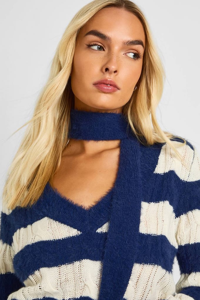 boohoo Dames Superzachte chunky streep V-hals trui en sjaal | Marineblauw | Maat: Medium