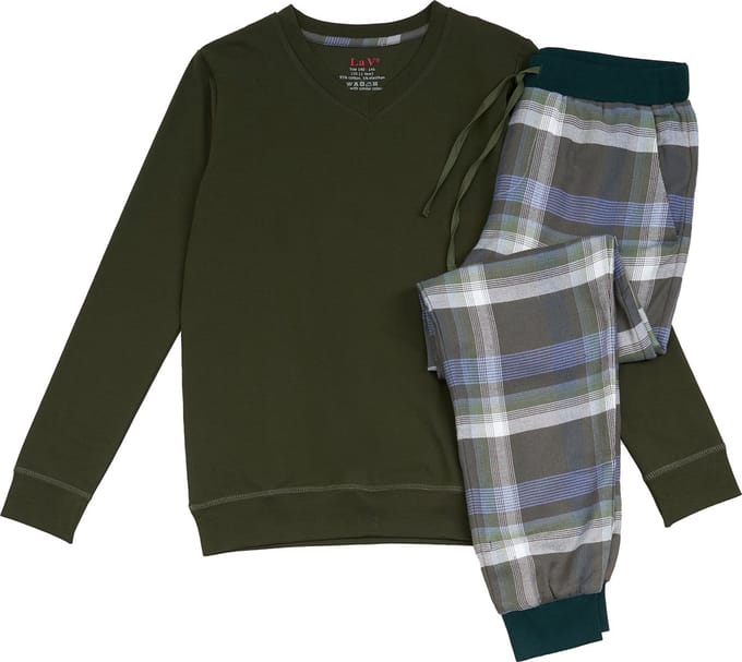 La-V pyjama sets voor jongens met geruite flanel broek - Legergroen 152-158