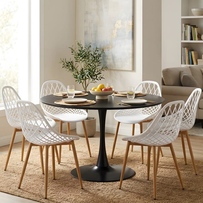 EGGREE eethoek - eettafel met 6 witte stoelen - tafel Ø 100 cm - voor bar - café en eetkamer - zwarte tafel