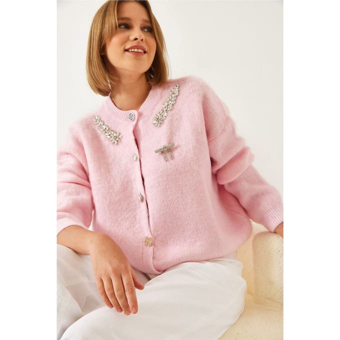 Versierde Ronde Hals Lange Mouw Cardigan