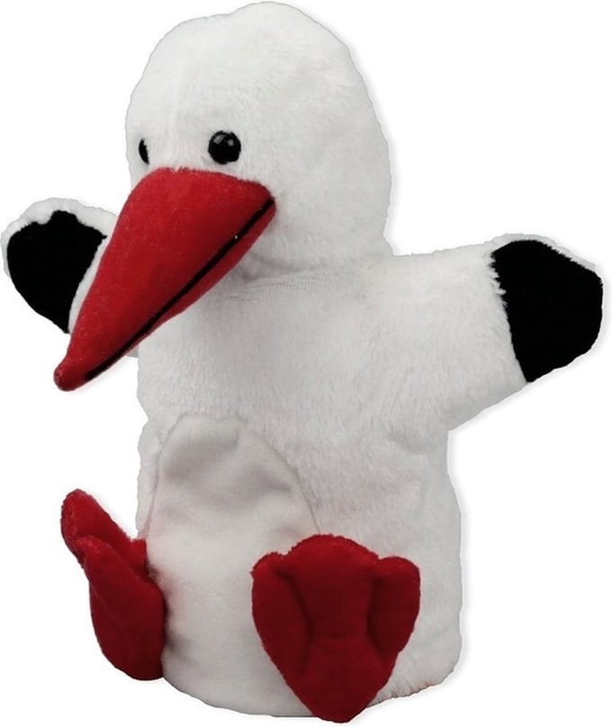 Pluche witte ooievaar handpop knuffel 22 cm - Ooievaars knuffels - Poppentheater speelgoed kinderen