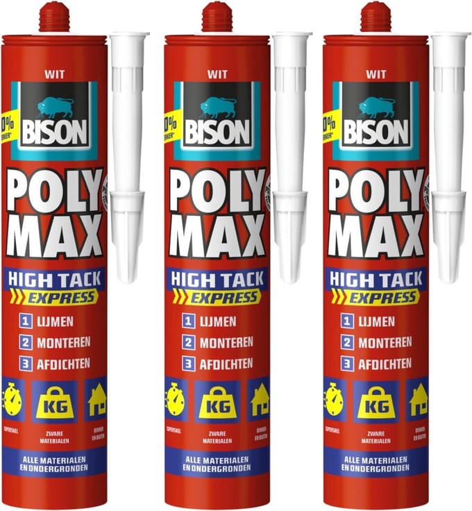 Bison poly max high tack express - montagelijm - extra sterk - extra snel - wit - 3 x 440 gram