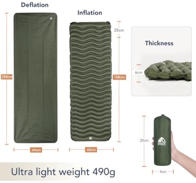 Opblaasbare Camping Isomatte – Ultralicht, Vochtbestendig, Waterdicht, 188x60x6cm – Legergroen