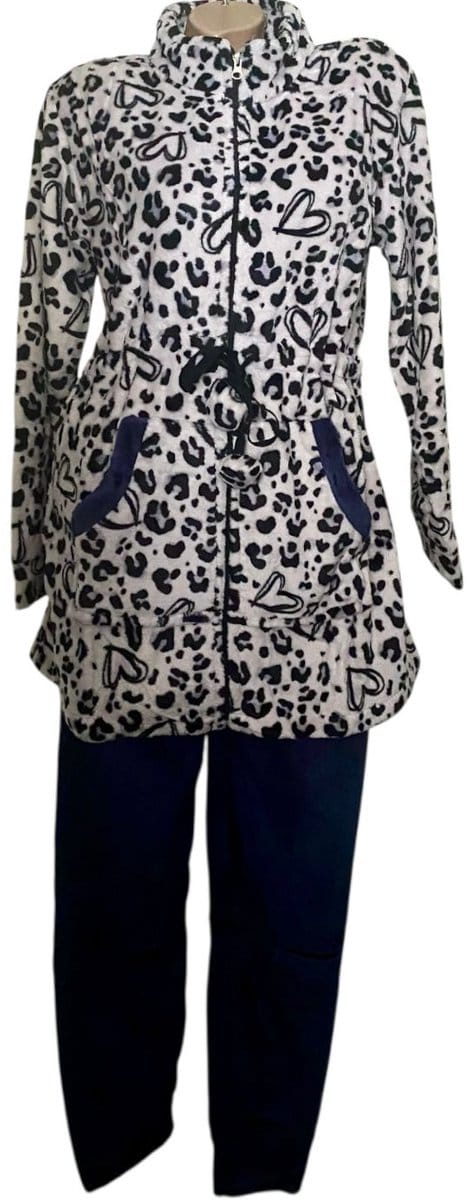 Dames Fleece Huispak met Rits 5434 - L (38-40) donkerblauw/zwart/wit
