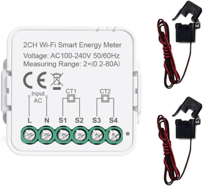 Slimme Energiemeter - Stroommeter Sensor - Energie Verbruik - Dubbel Kanaal - 80A AC - Zwart