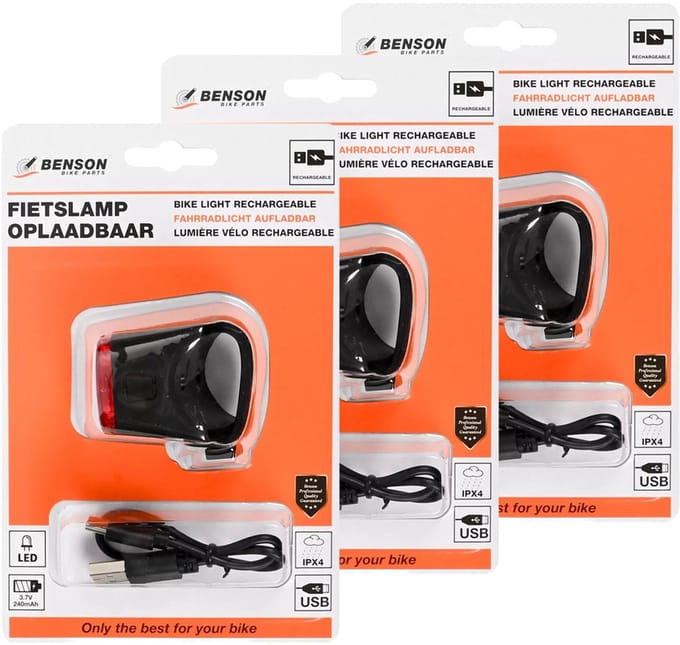 Benson LED fietslamp - 3x - rood - USB oplaadbaar - waterbestendig