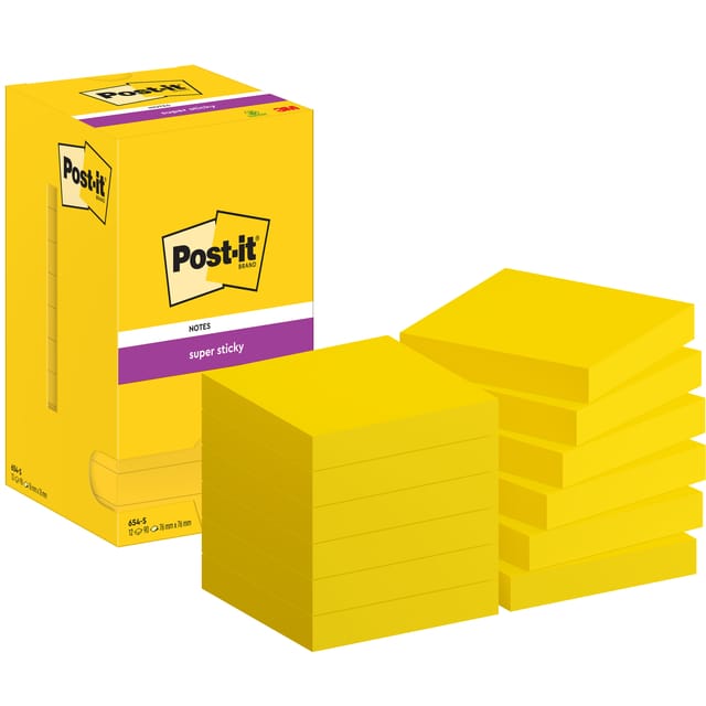 Post-it Super Sticky notes, 90 vel, ft 76 x 76 mm, pak van 12 blokken, neongeel