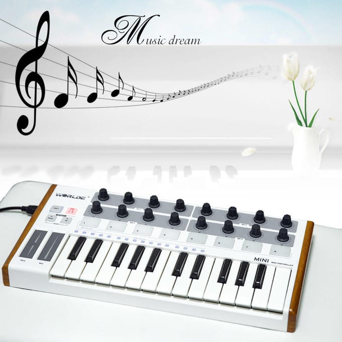 Worlde Mini contrôleur de batterie et clavier USB MIDI professionnel ultra-portable à 25 touches white