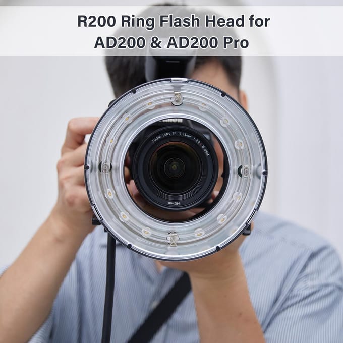 Tête de flash annulaire Godox R200 pour flash Godox AD200 AD200Pro Puissance de flash 200Ws Lampe pilote 10W intégrée 3 niveaux noir
