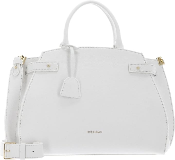 COCCINELLE Leren Handtas Schoudertas Kliche Handbag Grained Leather Brillant White Wit