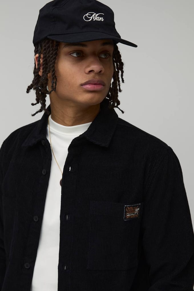 Regular Fit Lange Mouw Corduroy Geweven Tab Overshirt | Black | Size Large