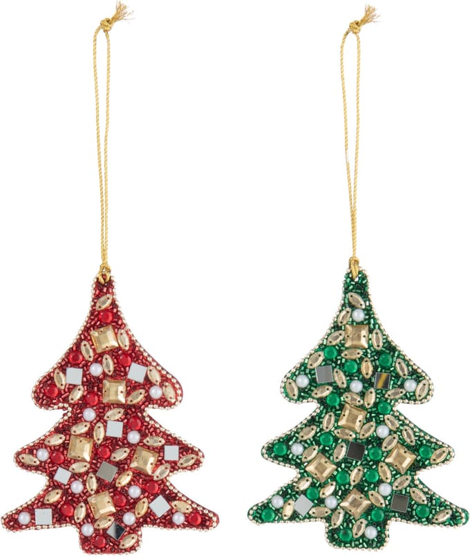 J-Line hanger Kerstboom Kralen - hout - kerstrood/smaragdgroen - 2 stuks