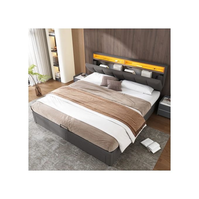 Lit rembourré avec éclairage LED, lit double avec cadre en acier, lin, 160*200 cm, gris