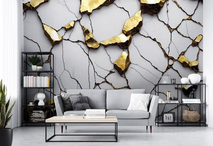 Fotobehang - Goud - Grijs - Structuur - Vliesbehang - (312 x 219 cm)