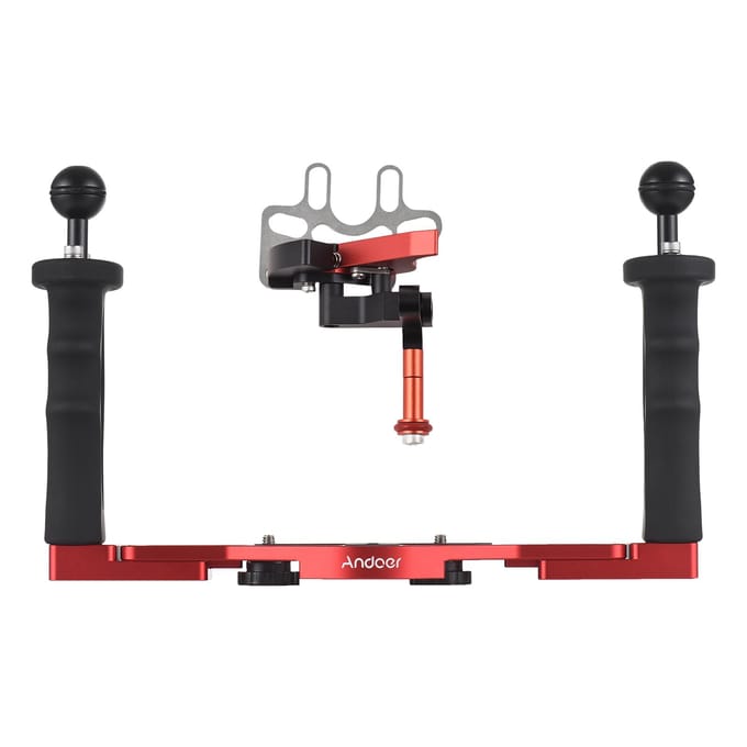 Andoer Dubbele Handgreep Camera Duikrig Handheld Onderwater Bak Stabilisator Verstelbare Camera Duiken rood