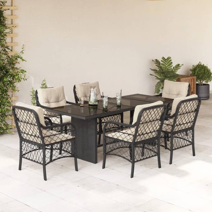 vidaXL - 7-delige - Tuinset - met - kussens - poly - rattan - zwart