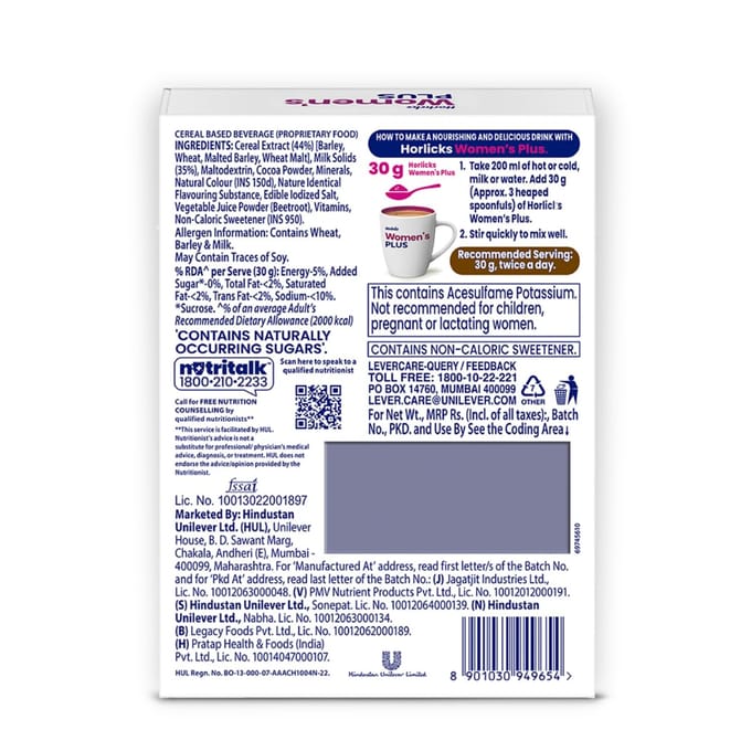 Horlicks Women's Plus Chocolade Gezondheidsdrank 400g Navulverpakking voor Sterke Botten Met Calcium Vitamine D K2 white