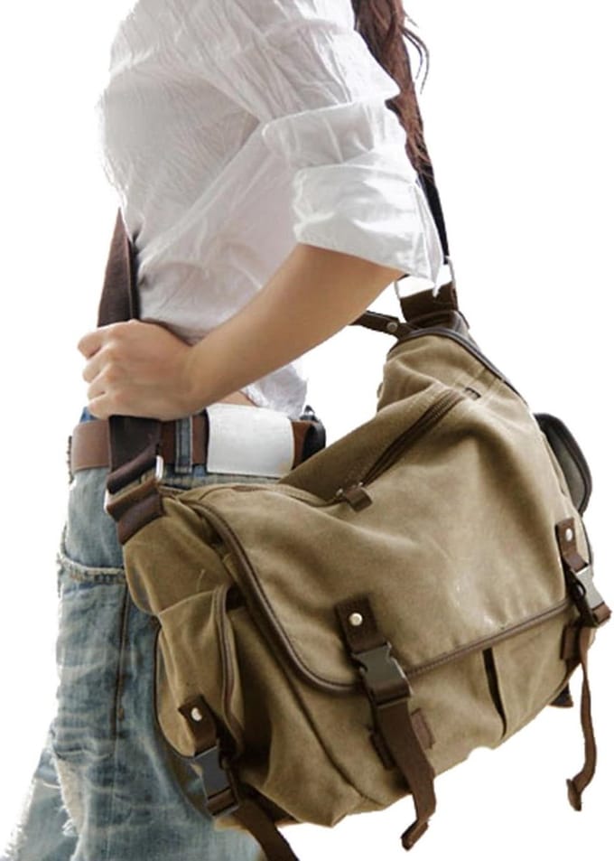 Vintage Canvas Tas - Schoudertas Dames - Dagelijks Gebruik - Groot Laptop Vak - 40 x 32 cm - Beige