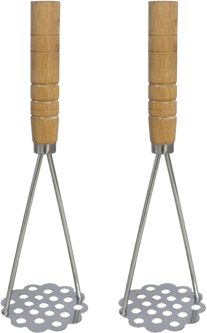 Gerimport Aardappelstamper/pureestamper - 2x - metaal/hout - keuken gerei - 25 cm
