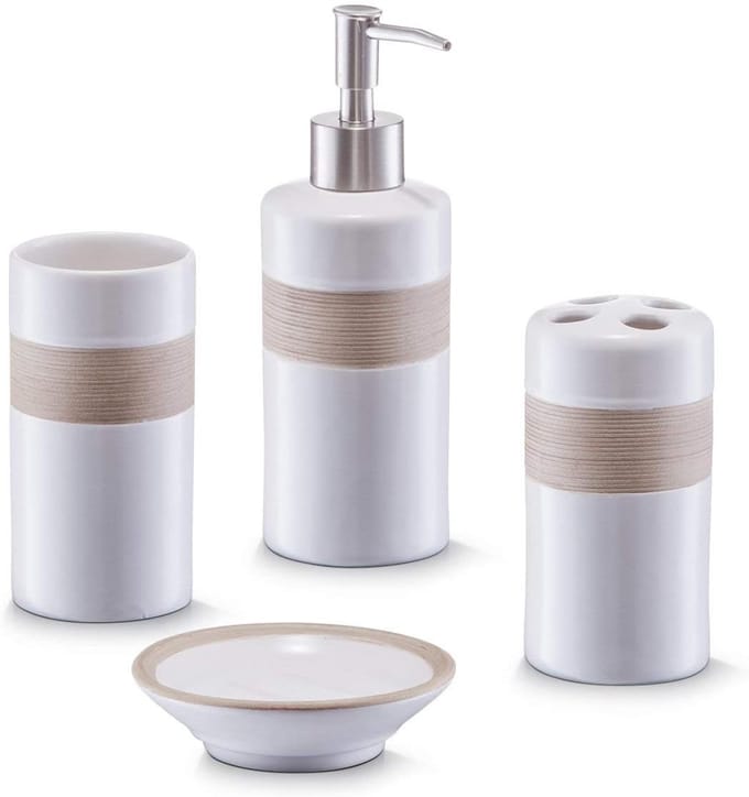 Famanu - Badkameraccessoireset, keramiek, beige, bruin