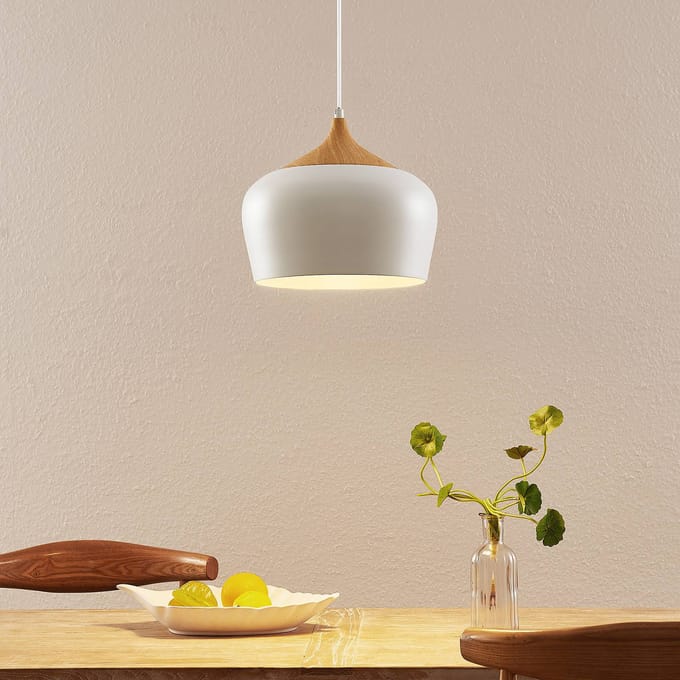 Lindby - hanglamp - 1licht - Metaal, hout - H: 25.5 cm - E27 - wit, licht hout