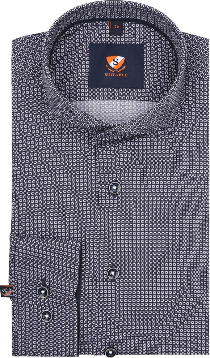 Suitable Overhemd Twill Print Donkerblauw (navy) - Maat 39 - Heren - Overhemden Formeel
