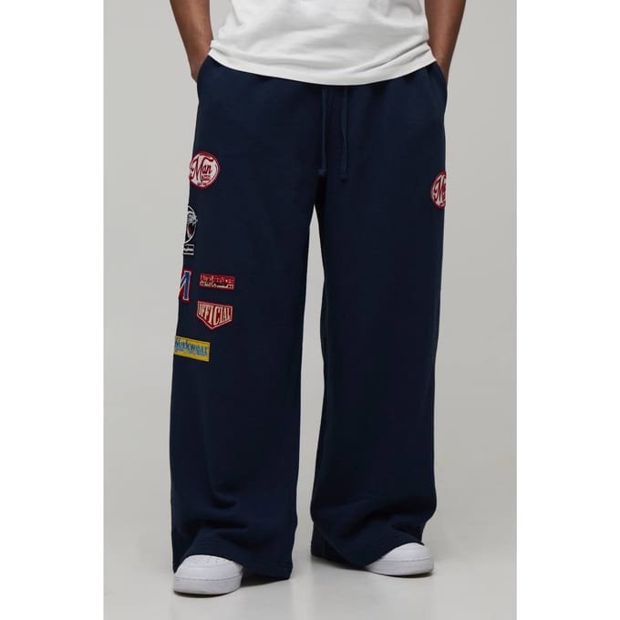 Extreme Wijde Pijpen Lage Kruis Moto Badge Joggingbroek | Navy | Size Medium