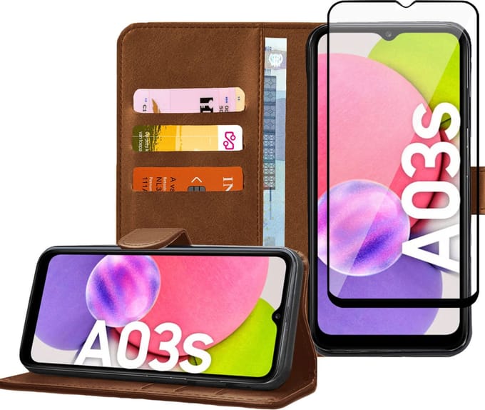 Hoesje geschikt voor Samsung Galaxy A03s - Full Screenprotector - Bookcase Portemonnee Hoes Bruin