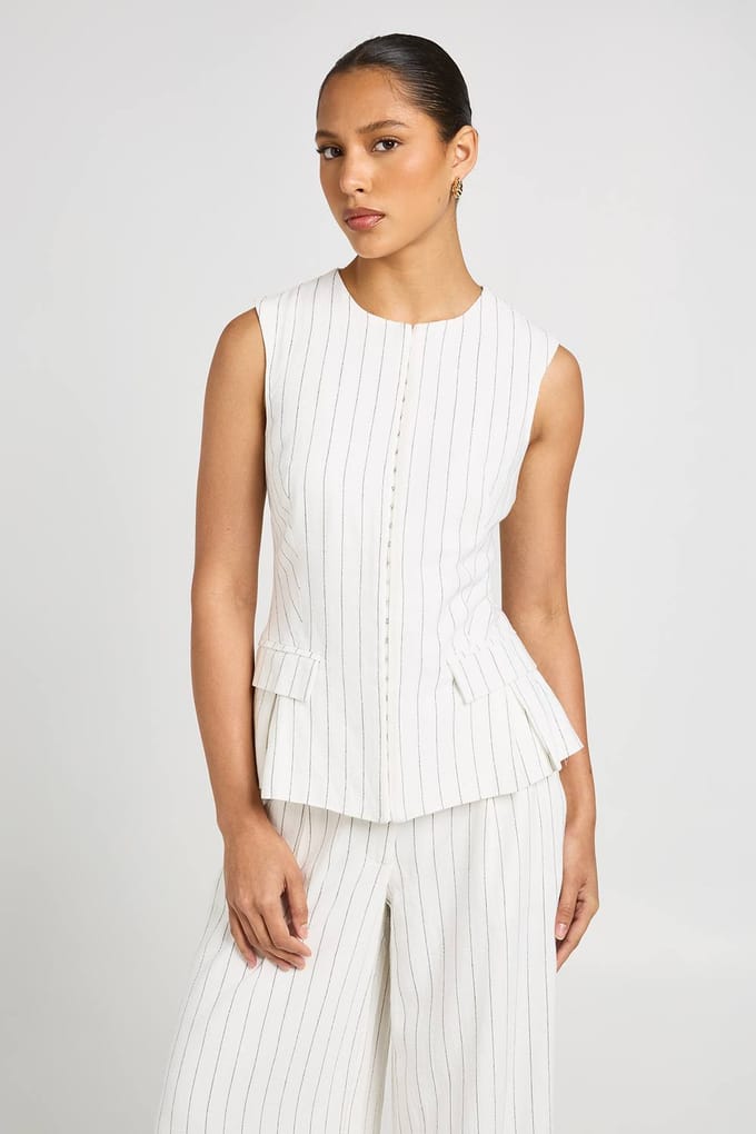 boohoo Dames Gestreept Linnen-look Gilet Met Haaksluiting | Creme | Maat: 38