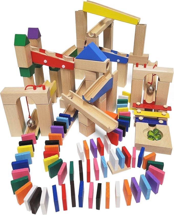 Houten Knikkerbaan Set van 200 Stukken voor Kinderen - Inclusief Tas en Handleiding