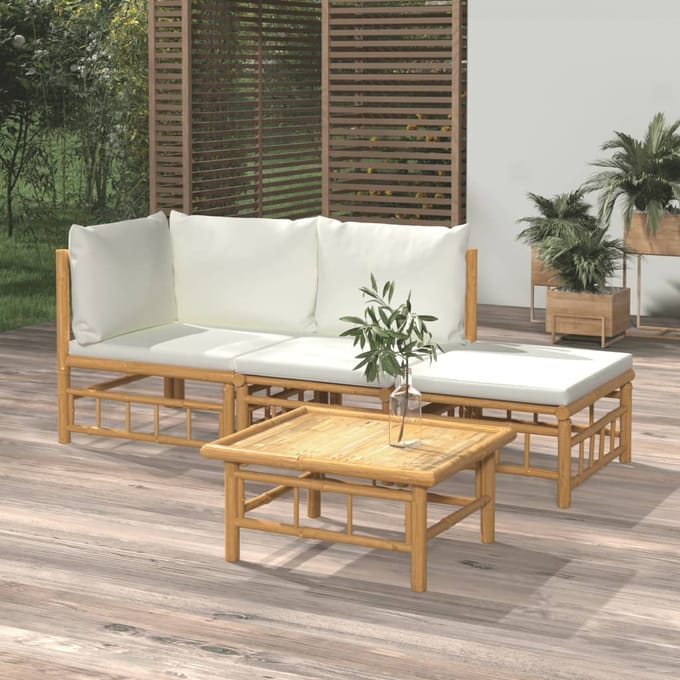 vidaXL - 4-delige - Loungeset - met - kussens - bamboe - crèmewit