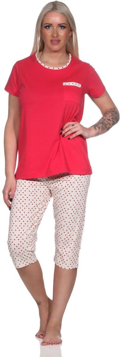 Normann damespyjama met korte mouwen en capri pyjamabroek in stippenlook