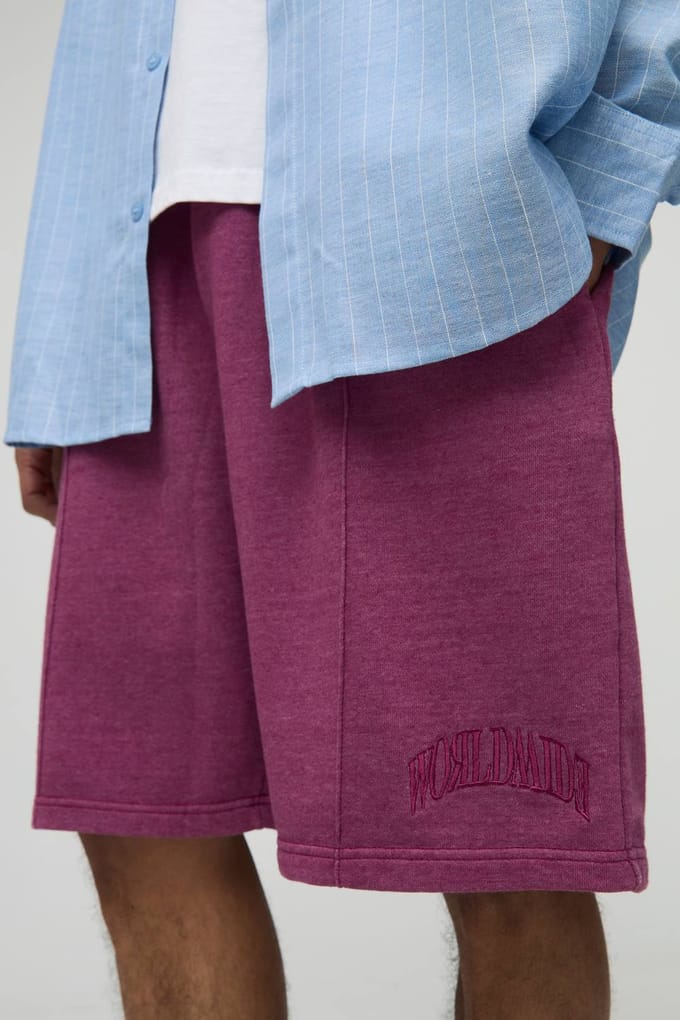 Baggy Fit Washed Worldwide Embroidered Short | Pink | Size Medium