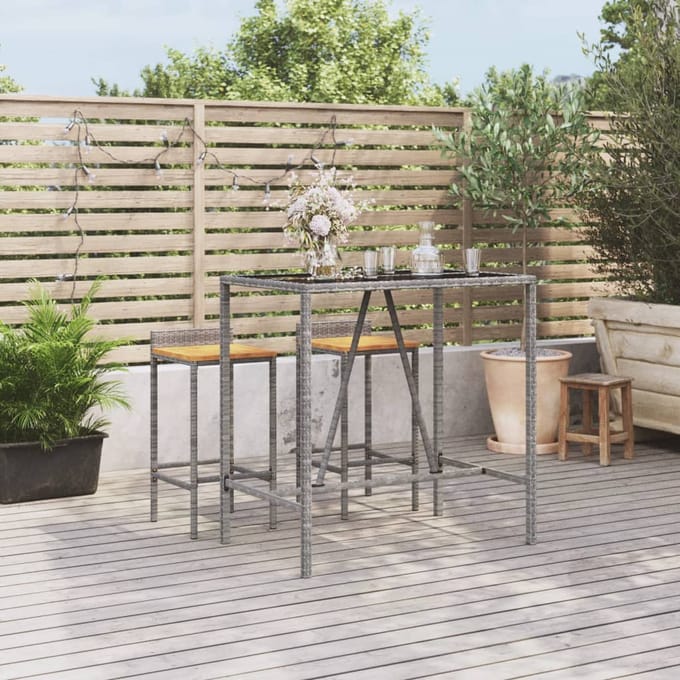 vidaXL - Bartafel - met - glazen - blad - 110x70x110 - cm - poly - rattan - grijs