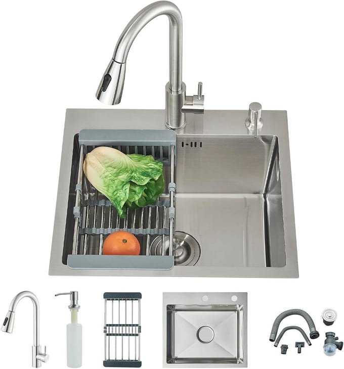 Keukenspoel, Multifunctioneel Keukenspoel met afneembare kraan en zeepboder, geborstelde afwerking (50 x 45 cm)