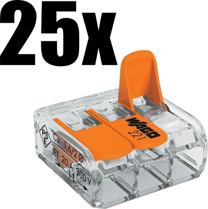 Wago 221-413 Compact-verbindingsklemmen - 3-geleiders - 25 Stuks - Met clips