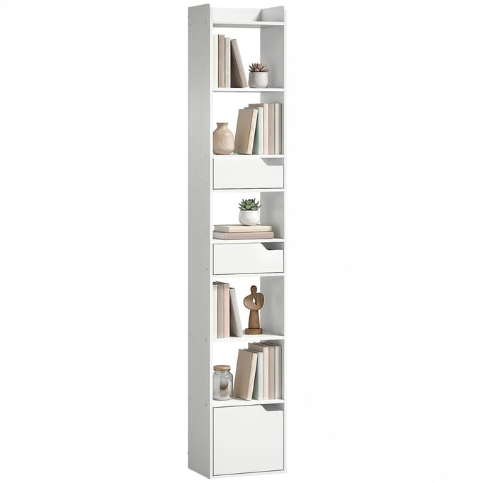 HOMCOM Boekenkast - Spaanplaat - 32 x 24 x 181,5 cm - Wit Houtnerf