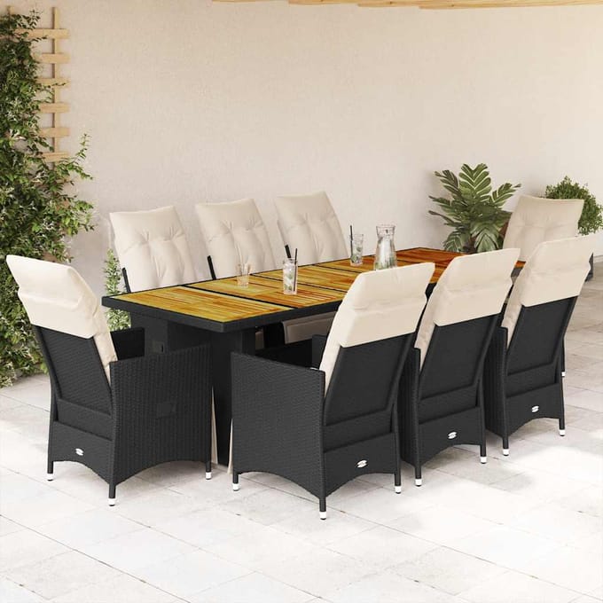 vidaXL - 9-delige - Bistroset - met - kussens - poly - rattan - zwart
