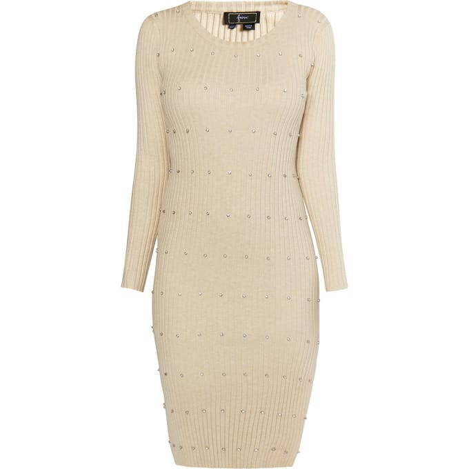Faina Ribgebreide jurk met strasssteentjes Dames lichtbeige