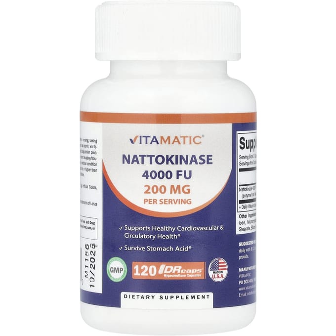 Vitamatic, Nattokinase, 200 mg, 120 Capsules DRcaps® d'Hypromellose (100 mg par capsule)
