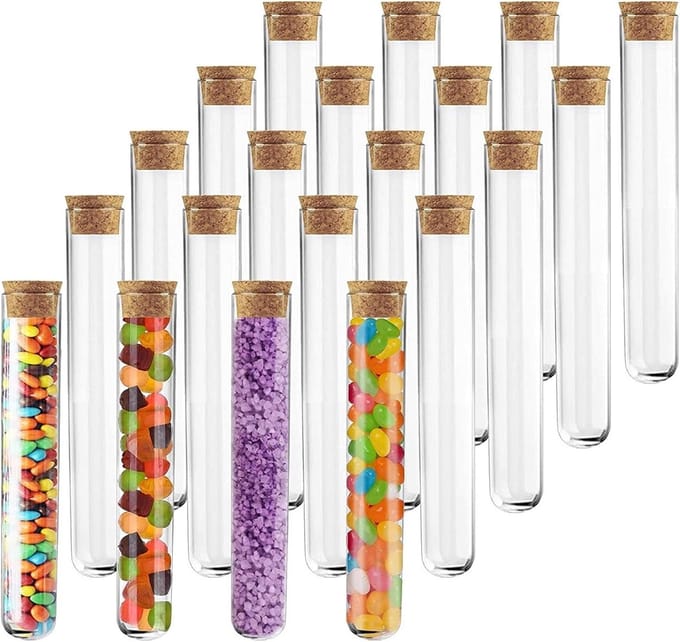 Set van 20 transparante plastic testbuizen met kurk, 150 x 16 mm, 20 ml - ideaal voor lab, experimenten en opslag