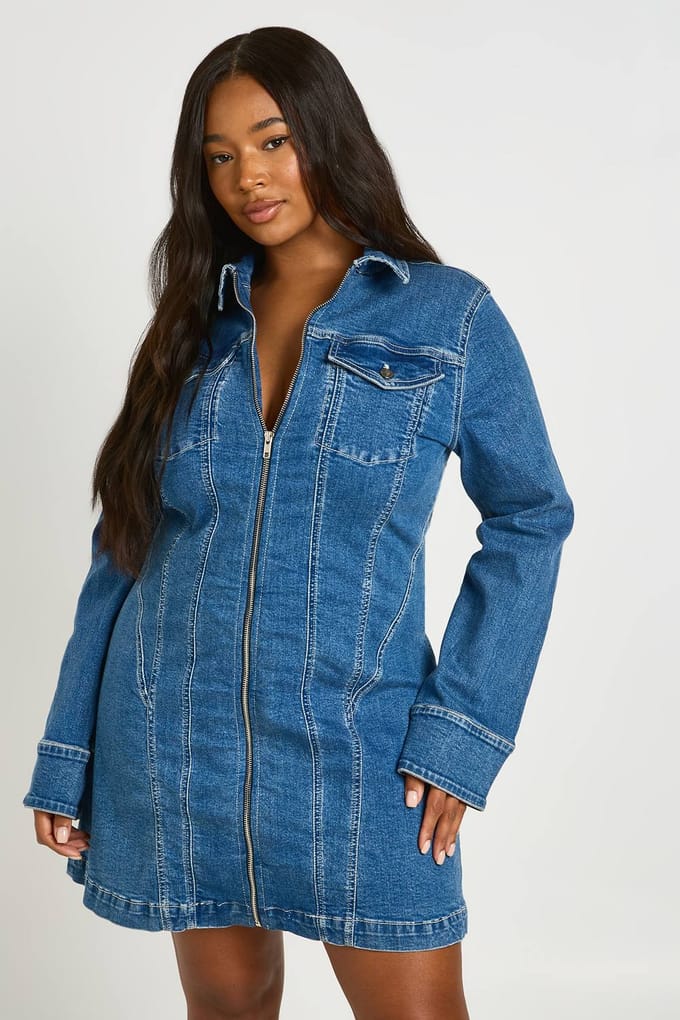 boohoo Dames Plus Denim Zip Up Shiftjurk | Mid Blue | Maat: 20