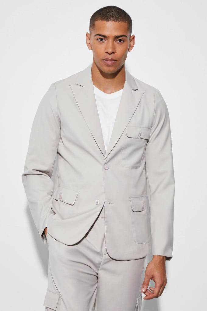 Slim Single Breasted Cargo Suit Jacket | Taupe | Size 46