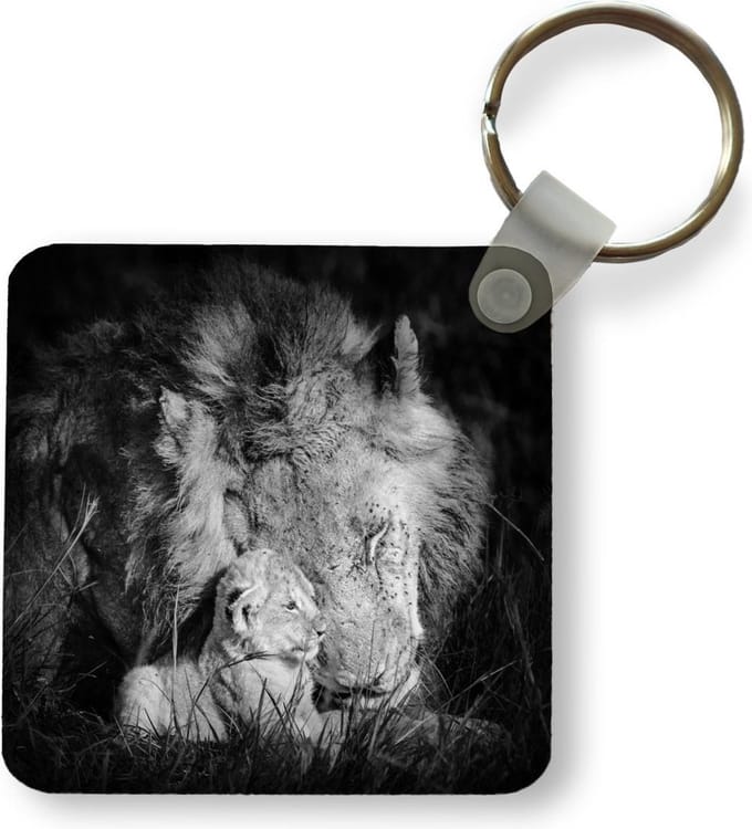 Sleutelhanger - Dierenprofiel leeuw met jong in zwart-wit - Uitdeelcadeautjes - Plastic