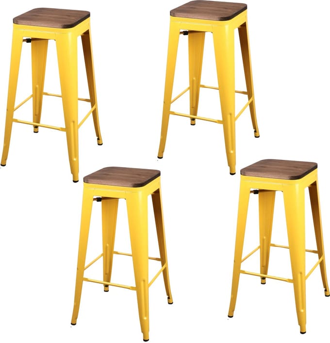 METALEN BARKRUK x 4 MAT GEEL HOUTEN ZITTING 42,5X42,5X77CM