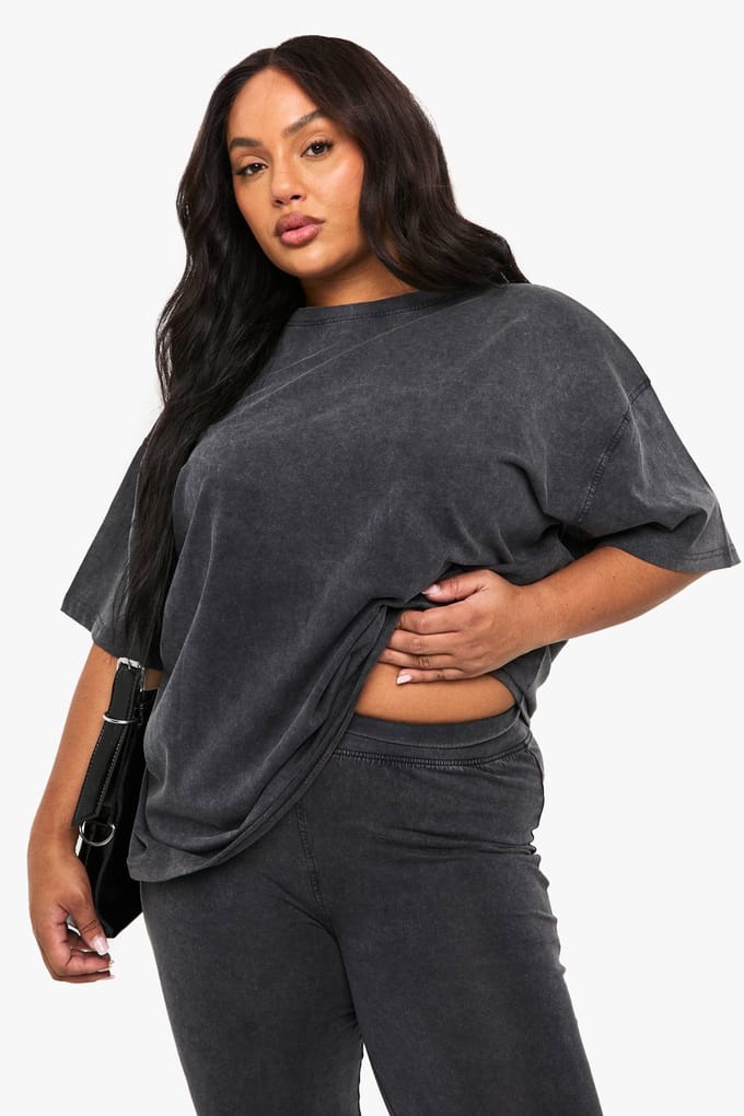 boohoo Dames PLUS ACIDWASH WijDE LEGGING | Houtskool | Maat: 44